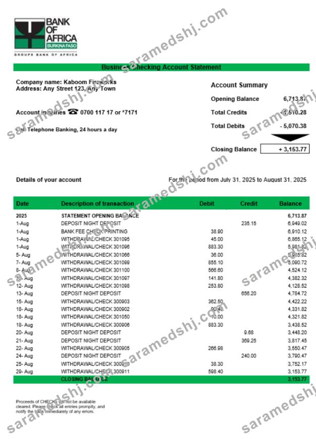 Bank of Africa corporate checking account statement Word and PDF template